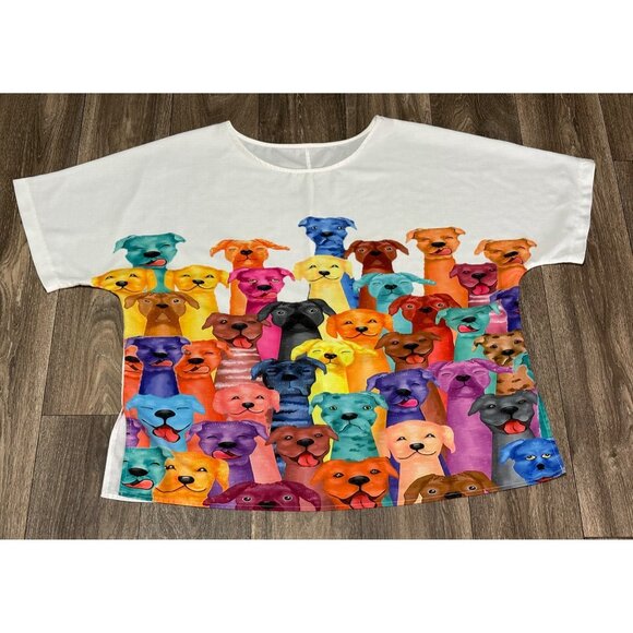 WOMENS PLUS SIZE 4XL BLOUSE TOP COLORFUL DOGS PRINT LIGHTWEIGHT ANIMALS PUPPIES - Picture 1 of 7